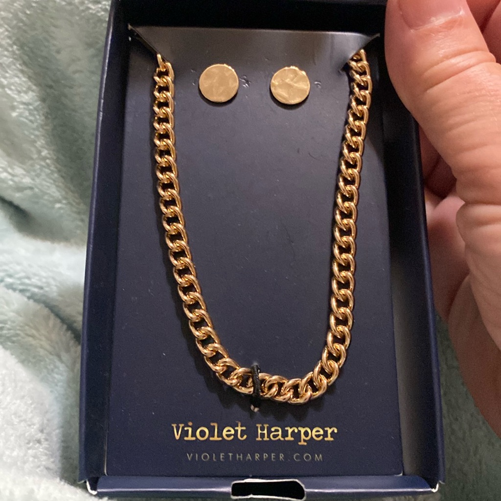 Violet Harper Elana Link Chain Necklace & Hammered Gold Tone Earrings Set New
